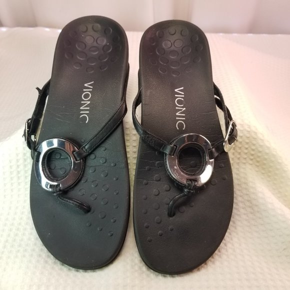 Vionic Women's Karina OrthaHeel Flip Flop Thong Sandals Black Silver Ring Size 7 - Picture 3 of 6
